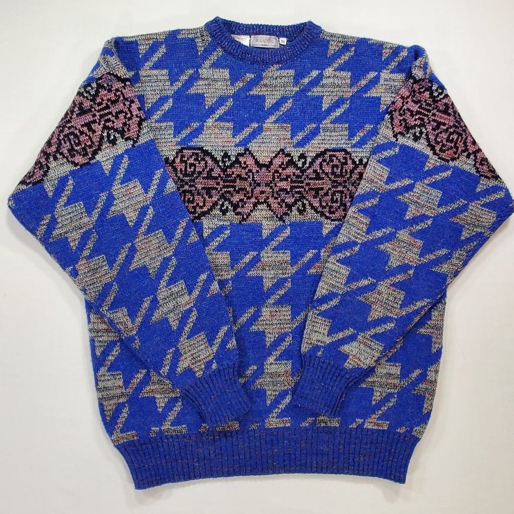 Bugatchi Uomo Sweater Mens XL Blue COOGI Style Knit Wool Blend Cosby Vintage